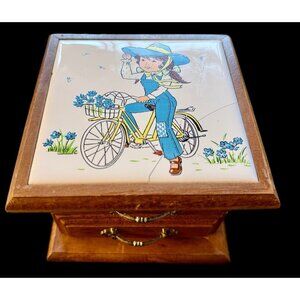 Vintage Two Drawer Wooden Jewelry Box Girl Riding Bicycle Ceramic Tile